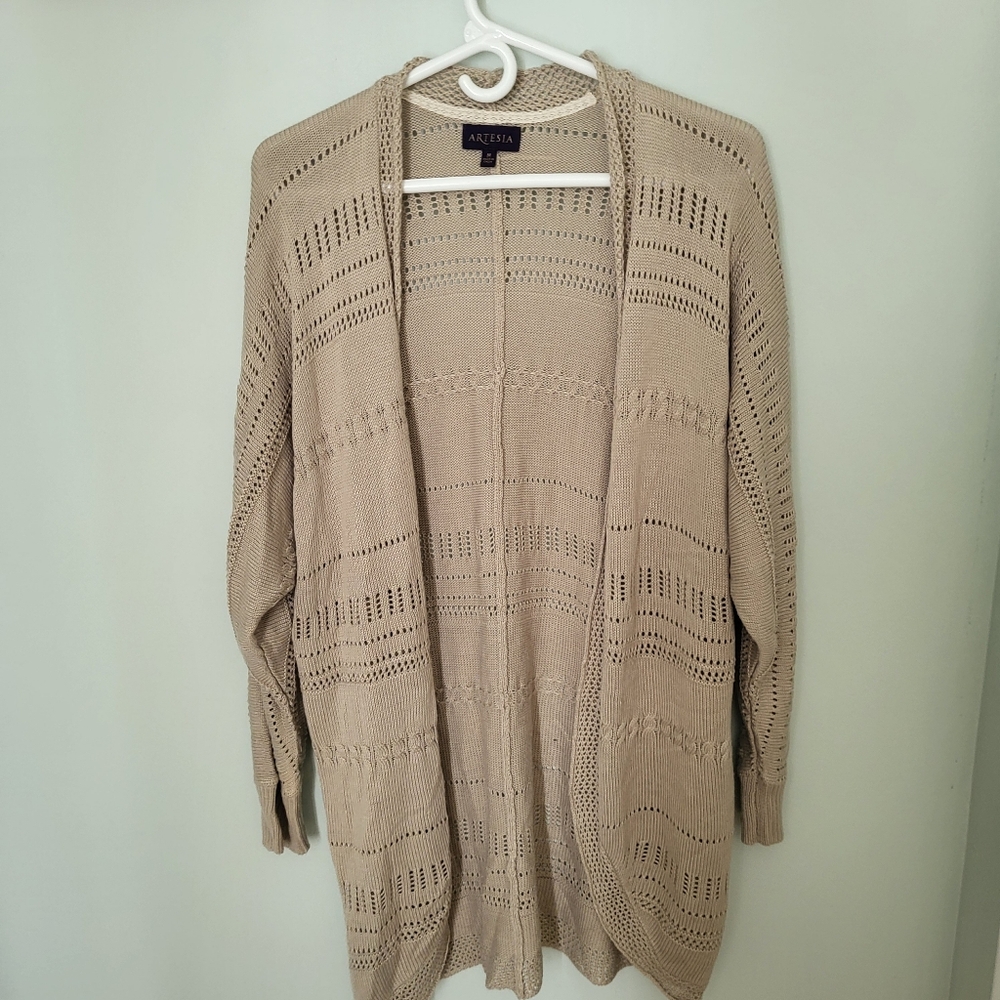Artesia Medium Long Sleeve Knit Crochet Collar Open‎ Long Cardigan Duster Beige